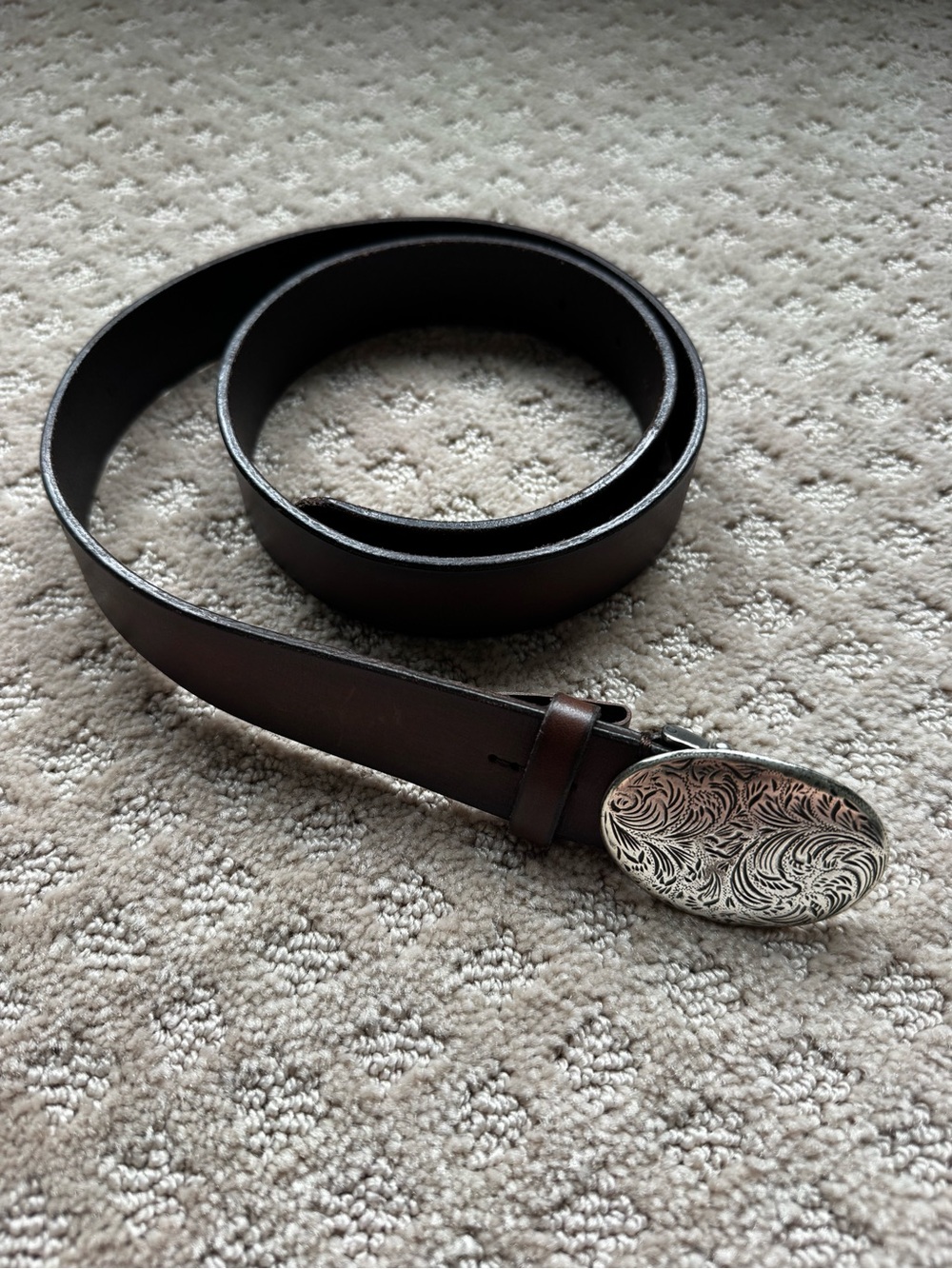 Ralph Lauren Purple Label Dark Brown Leather Belt with Engraved Silver Buckle